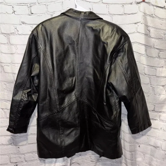 G-III Black Leather Jacket Coat Long Womens Vintage 80s Size Medium Timeless - Picture 4 of 6